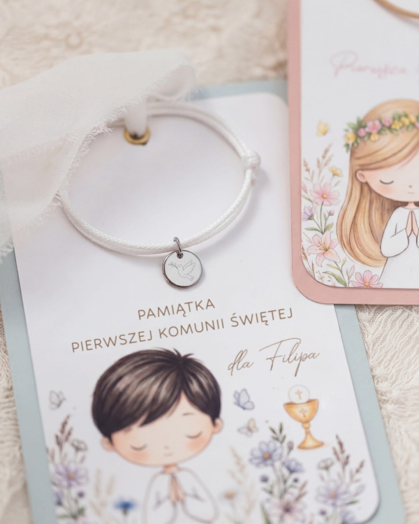 bransoletka dla chłopca pamiątka pierwszej komunii świętej dla dziecka bransoletka z grawerem i kartką z życzeniami.jpg