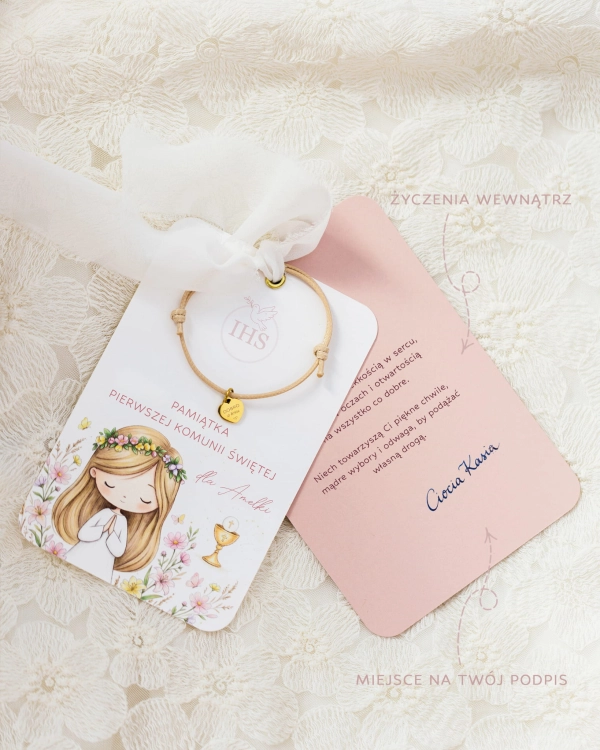 kartka laurka bransoletka kartka z życzeniami na pierwszą komunię świętą gotowy prezent dla dziecka.jpg