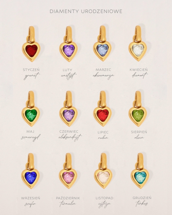 kamyczki urodzeniowe, cyrkonie w kształcie serduszka, zawieszka typu charms z sercem