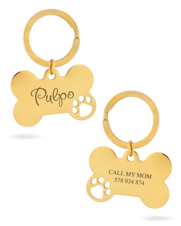 Personalizowana adresówka dla psa – złota kość z imieniem i numerem telefonu